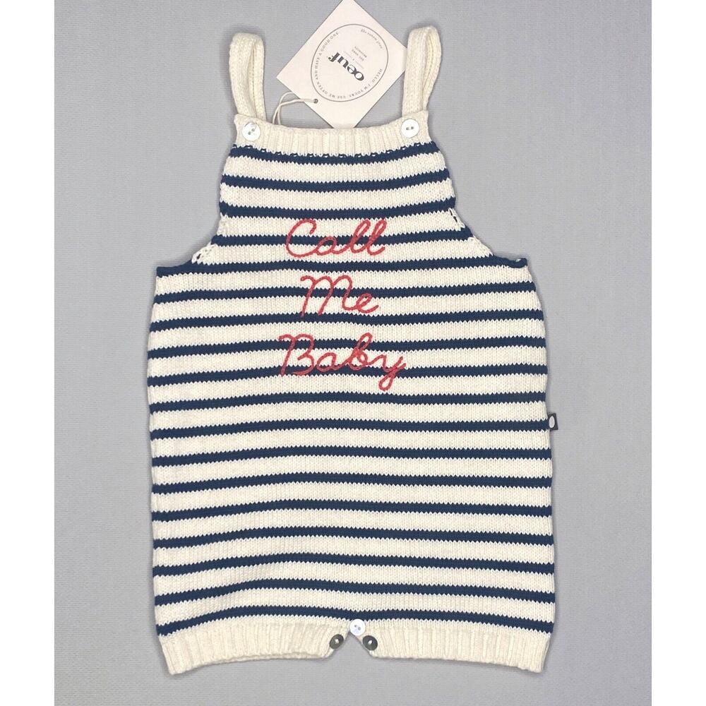 NWT OEUF Navy/Cream Stripe Call Me Baby Knit Short Romper Baby Girls Boys 12 Mo